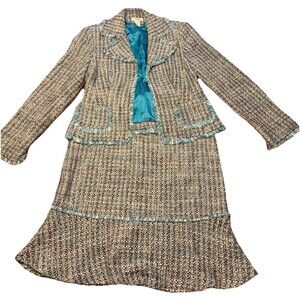Harolds Vintage Womens 2pc Tweed Suit Teal Sz 4 Wool Dark Academia Fringe Chanel